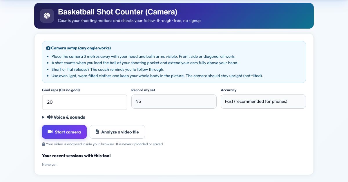 Screenshot of the free Basketball Shot Counter (Camera) tool on AZRS QuickFix