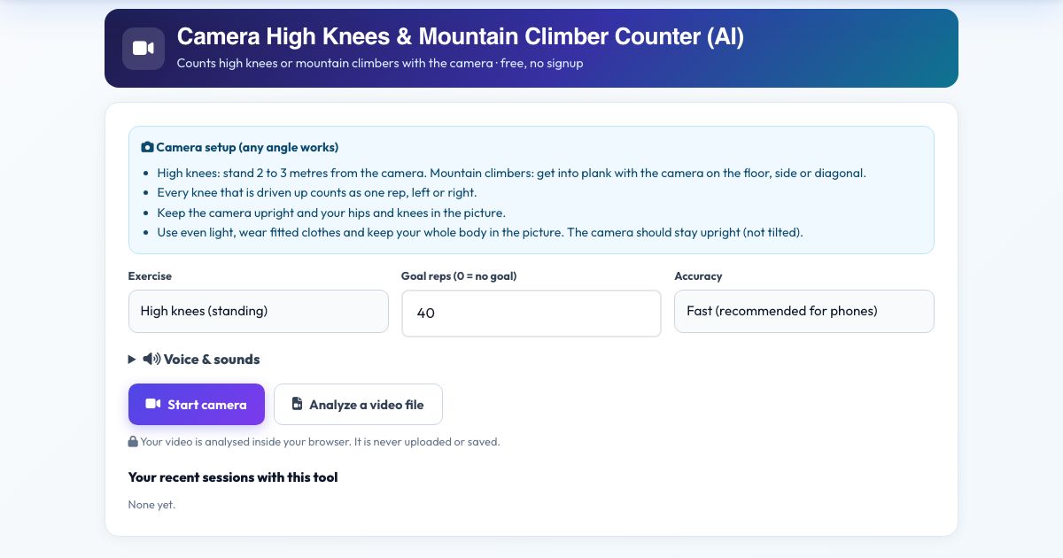 Screenshot of the free Camera High Knees & Mountain Climber Counter (AI) tool on AZRS QuickFix