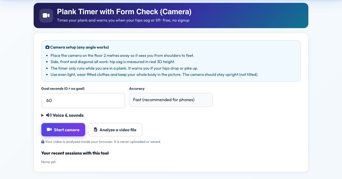 Screenshot of the free Plank Timer with Form Check (Camera) tool on AZRS QuickFix