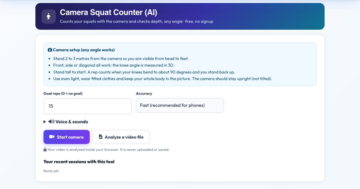Screenshot of the free Camera Squat Counter (AI) tool on AZRS QuickFix