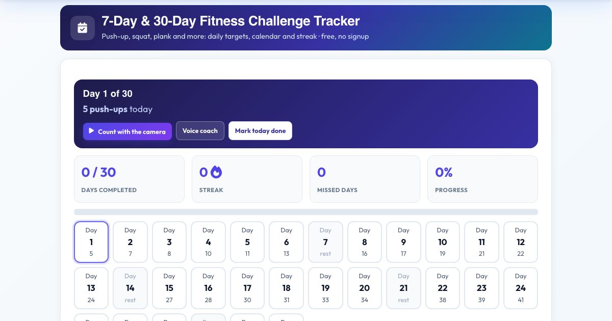 Screenshot of the free 7-Day & 30-Day Fitness Challenge Tracker tool on AZRS QuickFix