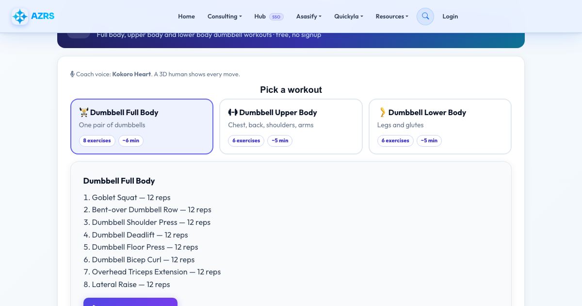 Screenshot of the free Dumbbell Full Body Workout (Voice Guided) tool on AZRS QuickFix