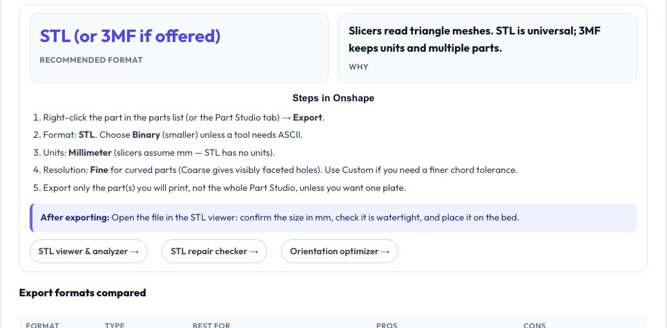 Screenshot of the free Onshape Export Format Helper — Which Format for What? tool on AZRS QuickFix